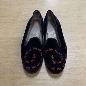 Stubbs & Wootton Shoes Womens Size 8.5 Black Velvet Loafers Red Ants Embroidered